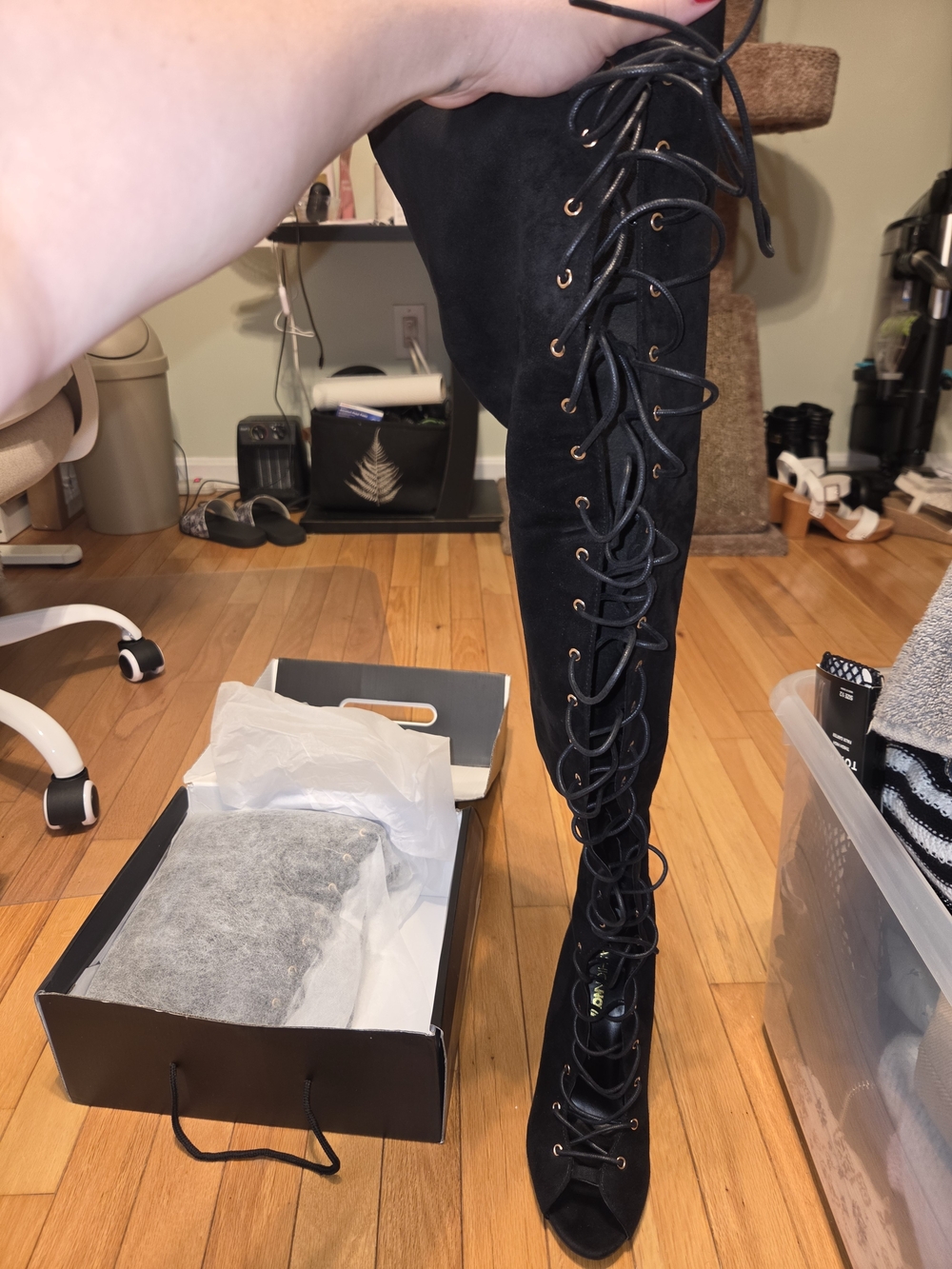 Fashion Nova Black Lace-Up Over-the-Knee Peep-Toe Block Heel Boots - Picture 7 of 11